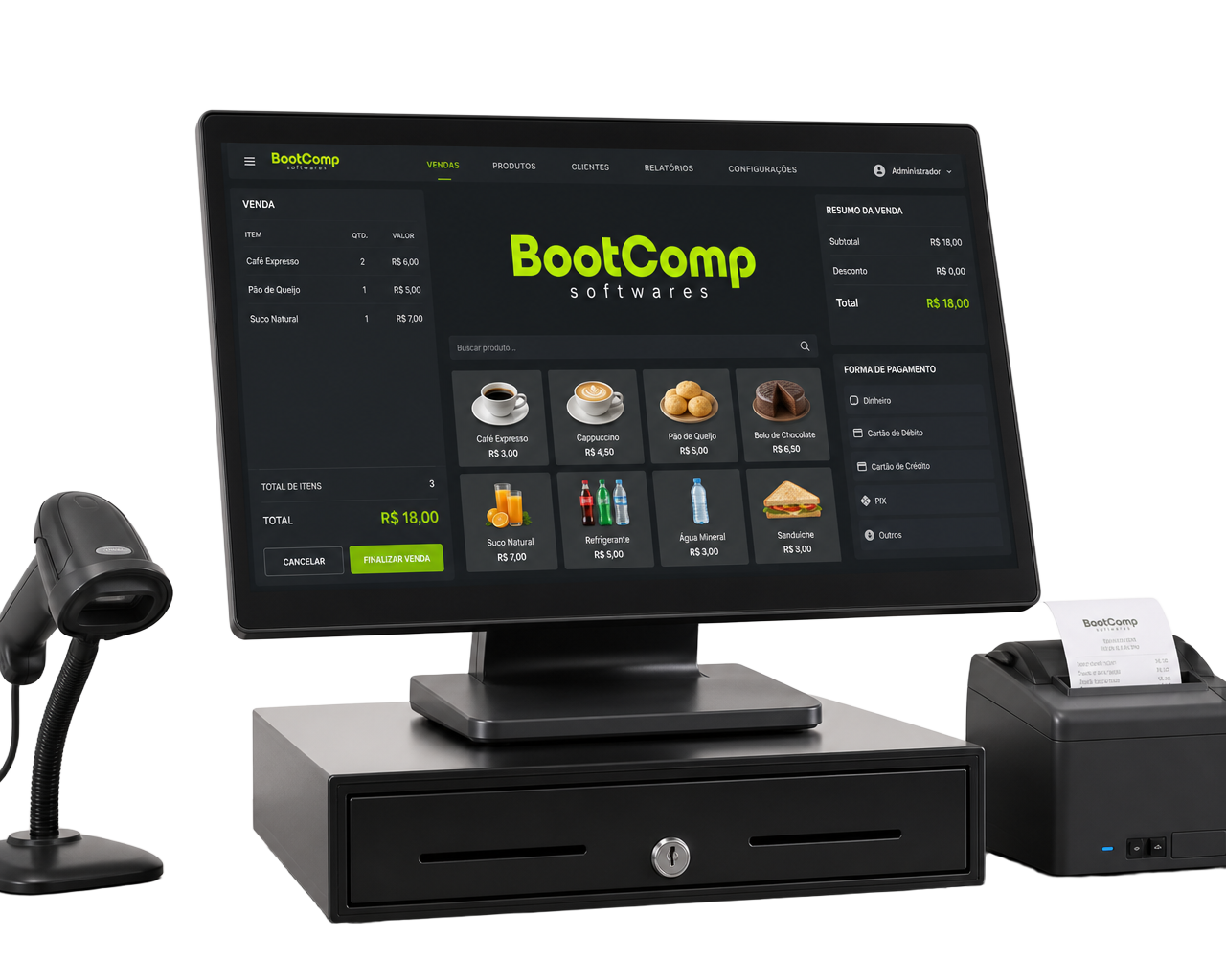 PDV BootComp com monitor exibindo tela do sistema de frente de loja